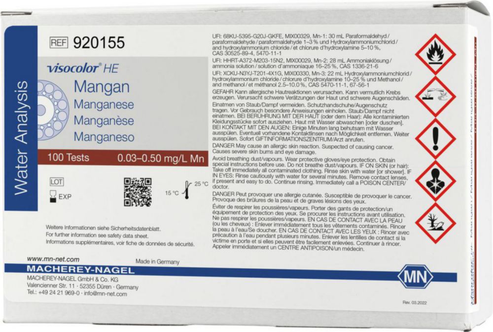 Testovacie súpravy, <i><sup>VISOCOLOR®HE</sup> na </i>analýzu vody, plniace balenie
