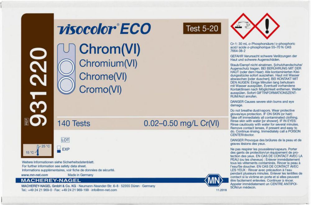 Testovacie súpravy, <i><sup>VISOCOLOR®ECO</sup> na </i>analýzu vody, plniace balenie