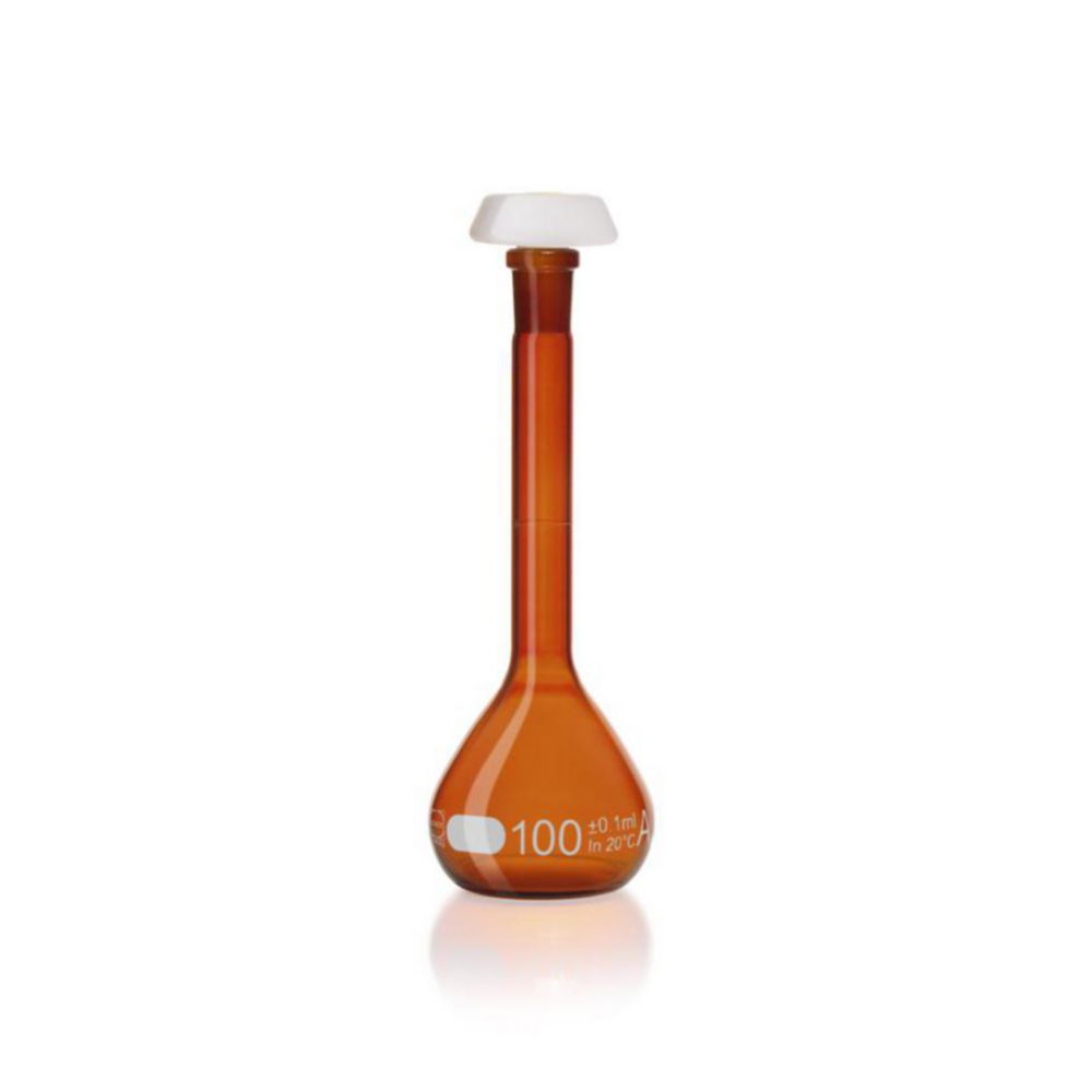 Odmerná banka <sup>DURAN®</sup>, jantárové sklo, trieda A, biela stupnica, vrátane individuálneho certifikátu