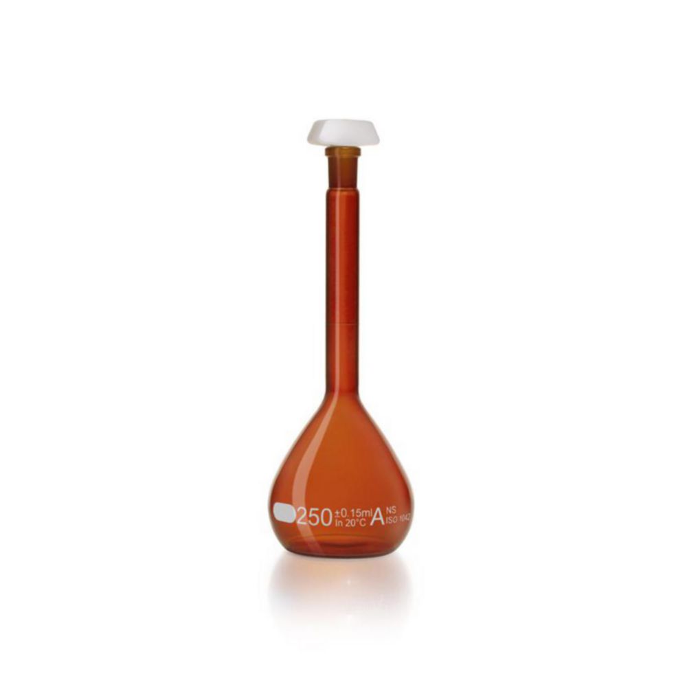 Odmerná banka <sup>DURAN®</sup>, jantárové sklo, trieda A, biela stupnica, vrátane individuálneho certifikátu