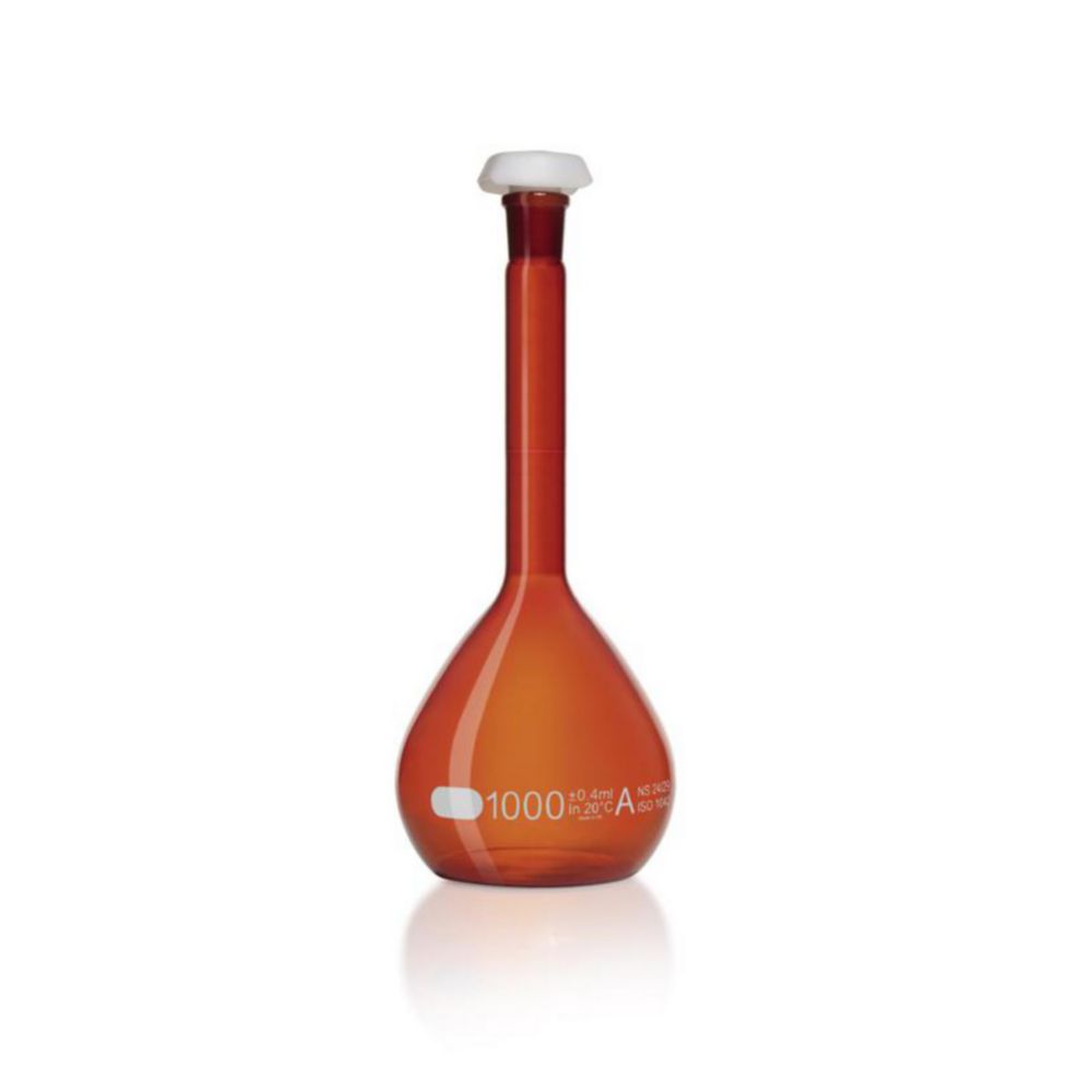 Odmerná banka <sup>DURAN®</sup>, jantárové sklo, trieda A, biela stupnica, vrátane individuálneho certifikátu