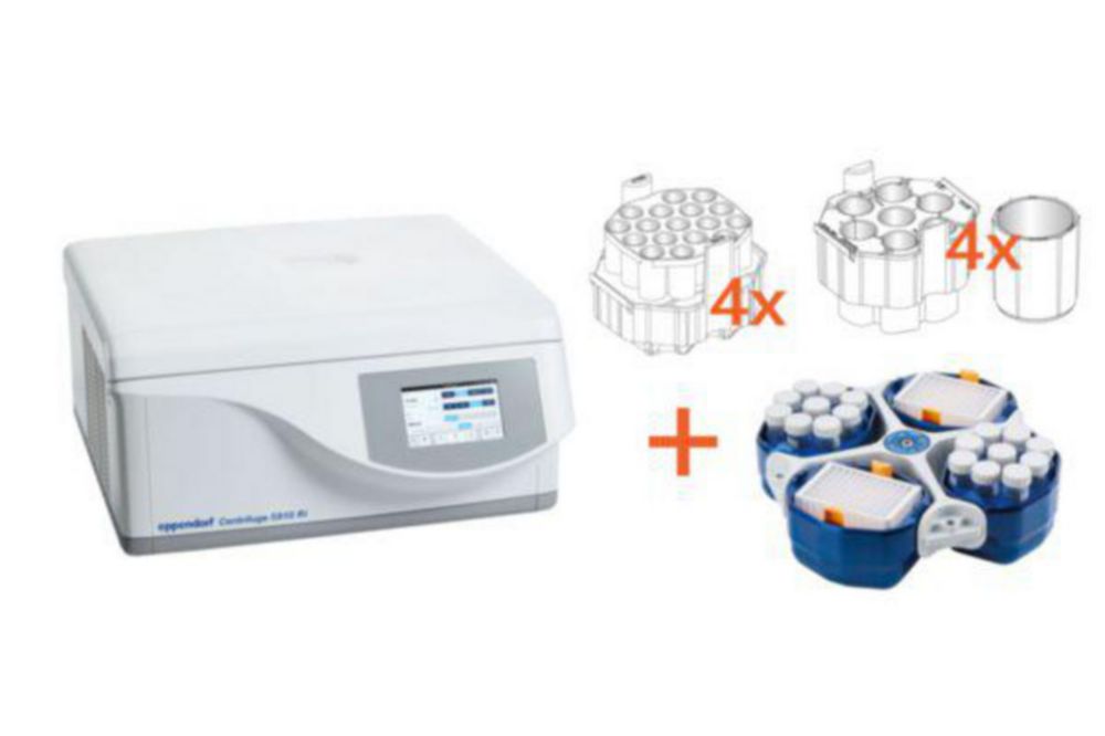 Stolové centrifúgy 5910 Ri (IVD) s rotorom S-4xUniversal, vrátane univerzálnych vedier, adaptérov na skúmavky a fľaše do 250 ml a platne
