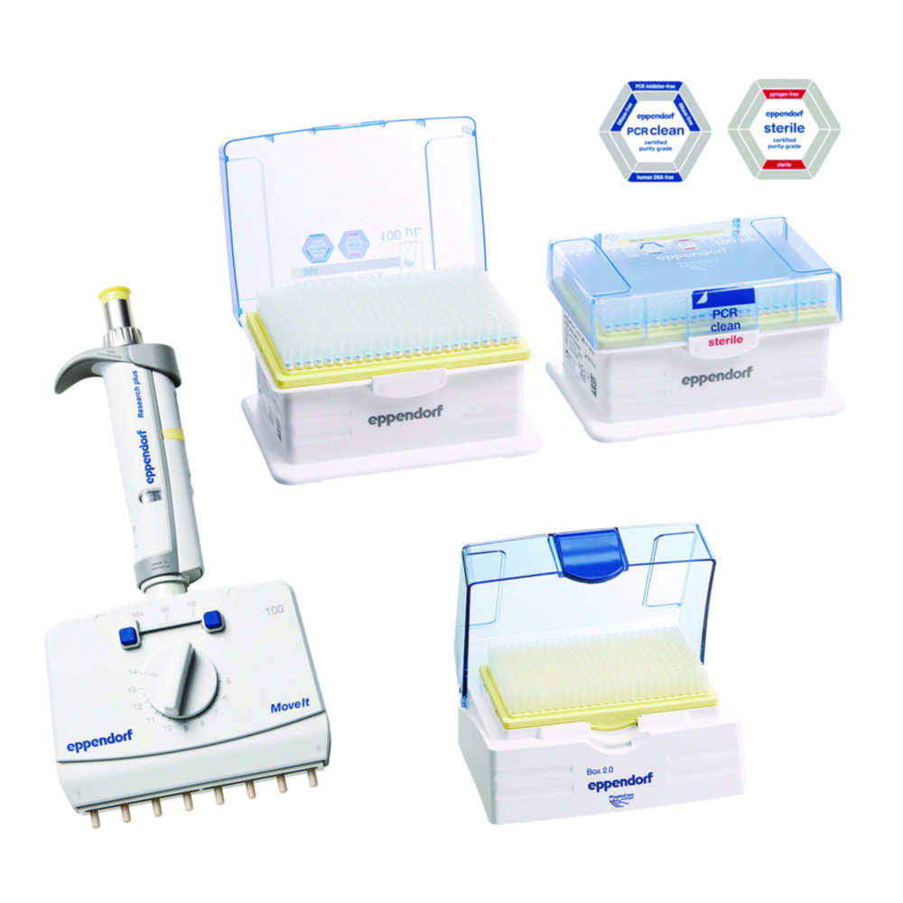 Multikanálové mikrolitrové pipety Eppendorf <sup>Research®</sup> plus Move <sup>It®</sup>, variabilné, štartovacia sada