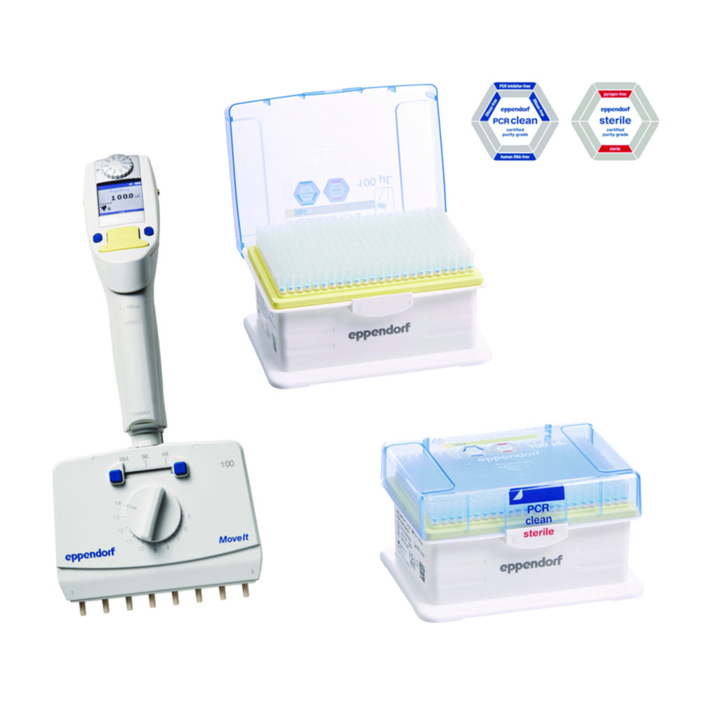 Multikanálové mikrolitrové pipety Eppendorf <sup>Xplorer®</sup> plus Move <sup>It®</sup>, variabilné, štartovacia sada