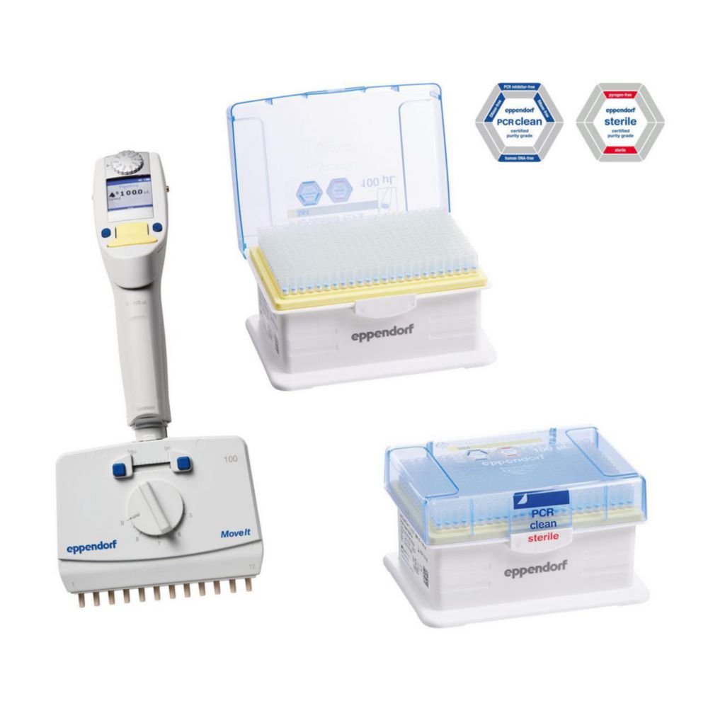 Multikanálové mikrolitrové pipety Eppendorf <sup>Xplorer®</sup> plus Move <sup>It®</sup>, variabilné, štartovacia sada