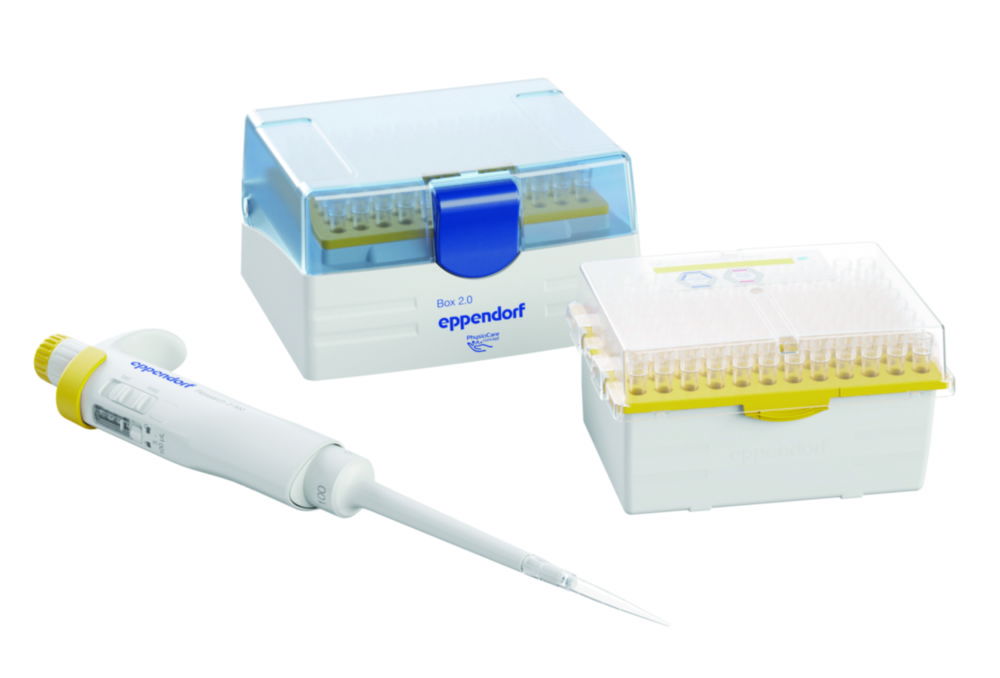 Jednokanálové mikrolitrové pipety Research<sup>®</sup> 3 neo, variabilné, vrátane epT.I.P.S.<sup>®</sup> Box 2.0 a ep Dualfilter T.I.P.S.<sup>®</sup> BioBased PCR čisté a sterilné Reload