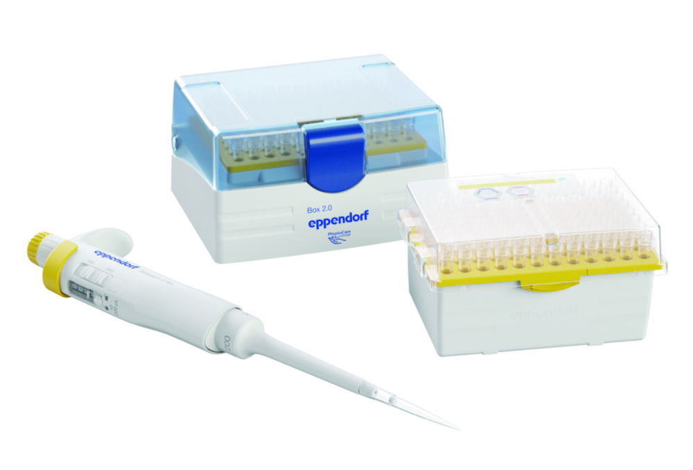 Jednokanálové mikrolitrové pipety Research<sup>®</sup> 3 neo, variabilné, vrátane epT.I.P.S.<sup>®</sup> Box 2.0 a ep Dualfilter T.I.P.S.<sup>®</sup> BioBased PCR čisté a sterilné Reload