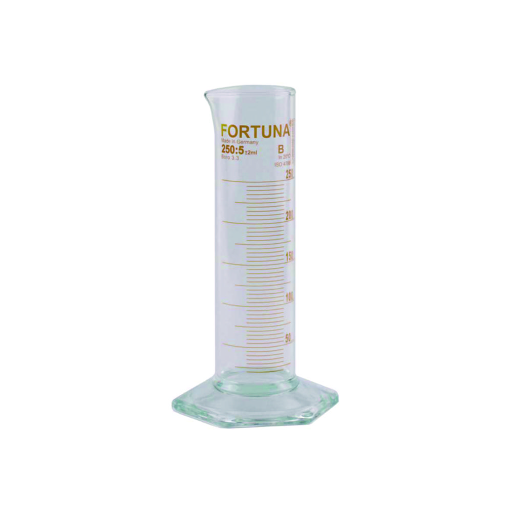 Odmerné valce <sup>FORTUNA®</sup>, borosilikátové sklo 3.3, nízky tvar, trieda B, jantárové odstupňované