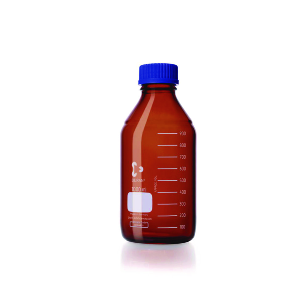 Laboratórna fľaša <sup>DURAN®</sup> jantárovej farby, takže skrutkovacím uzáverom a nalievacím krúžkom z PP