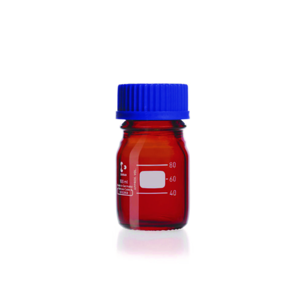 Laboratórna fľaša <sup>DURAN®</sup> jantárovej farby, takže skrutkovacím uzáverom a nalievacím krúžkom z PP