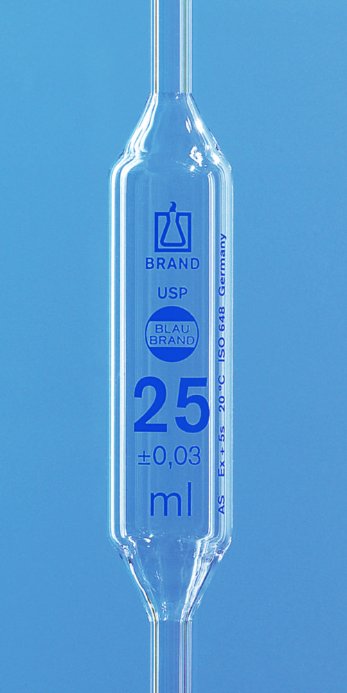 Objemové pipety, USP, <sup>AR-GLAS®</sup>, trieda AS, 1 značka, modré odstupňovanie, s individuálnym certifikátom USP
