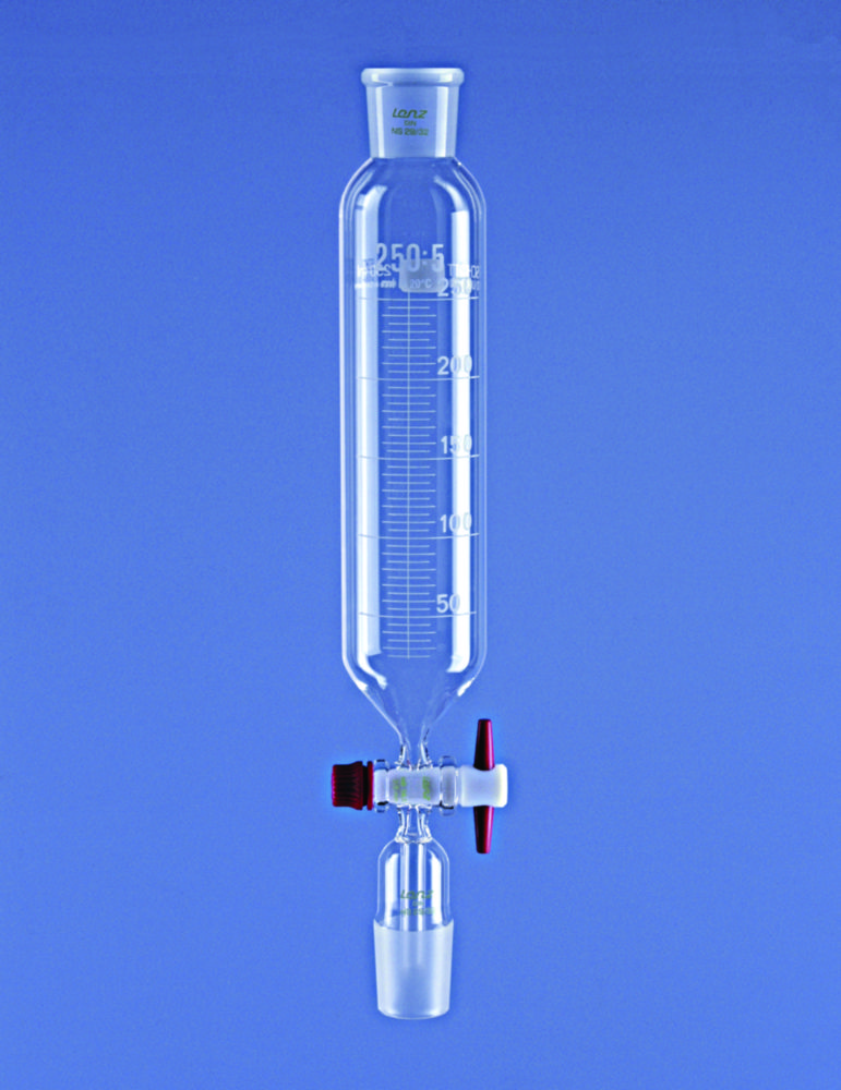 Odkvapkávacie lieviky, valcovité, borosilikátové sklo 3.3, s PTFE uzáverom