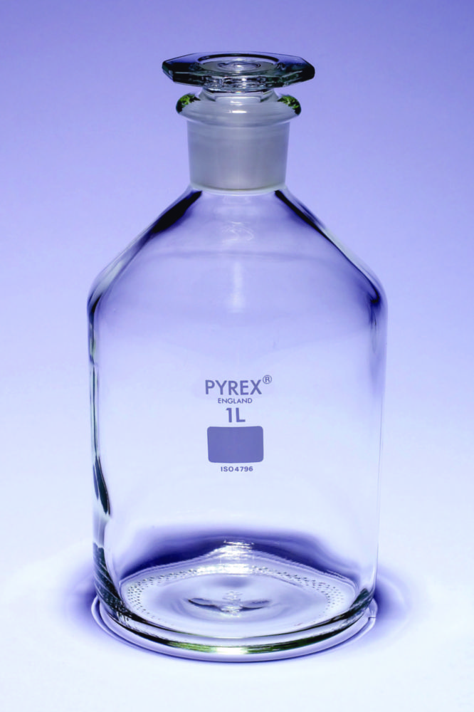 Fľaše na reagencie, úzkohrdlé, sklenená zátka, <sup>Pyrex®</sup>