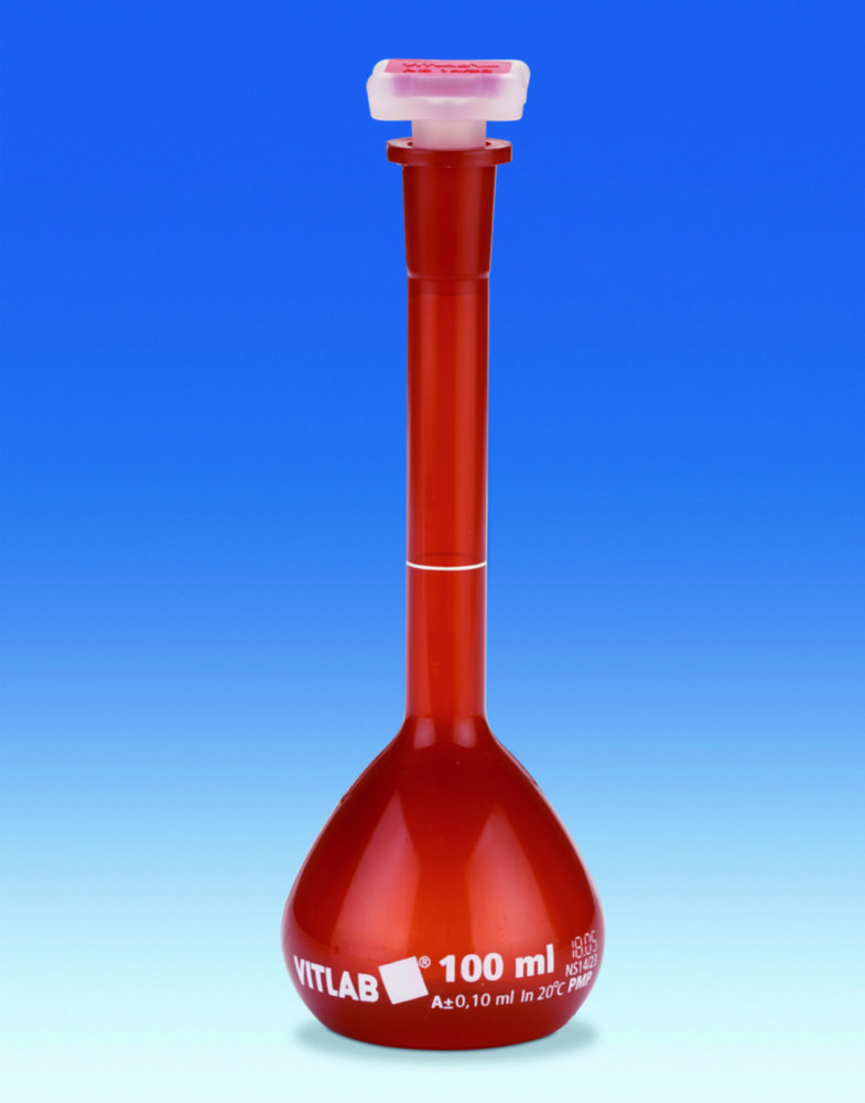 Odmerné banky <sup>VITLAB®</sup> UV-protect, PMP, trieda A s NS zátkami, PP