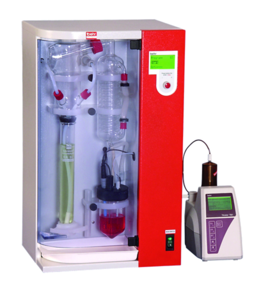 Parová destilácia S 5 s automatickým dávkovaním NaOH, H<sub>₂</sub>O a H₃BO₃, s automatickým odsávaním zvyškov vzoriek, s 99 programami a pripojením pre externý titrátor