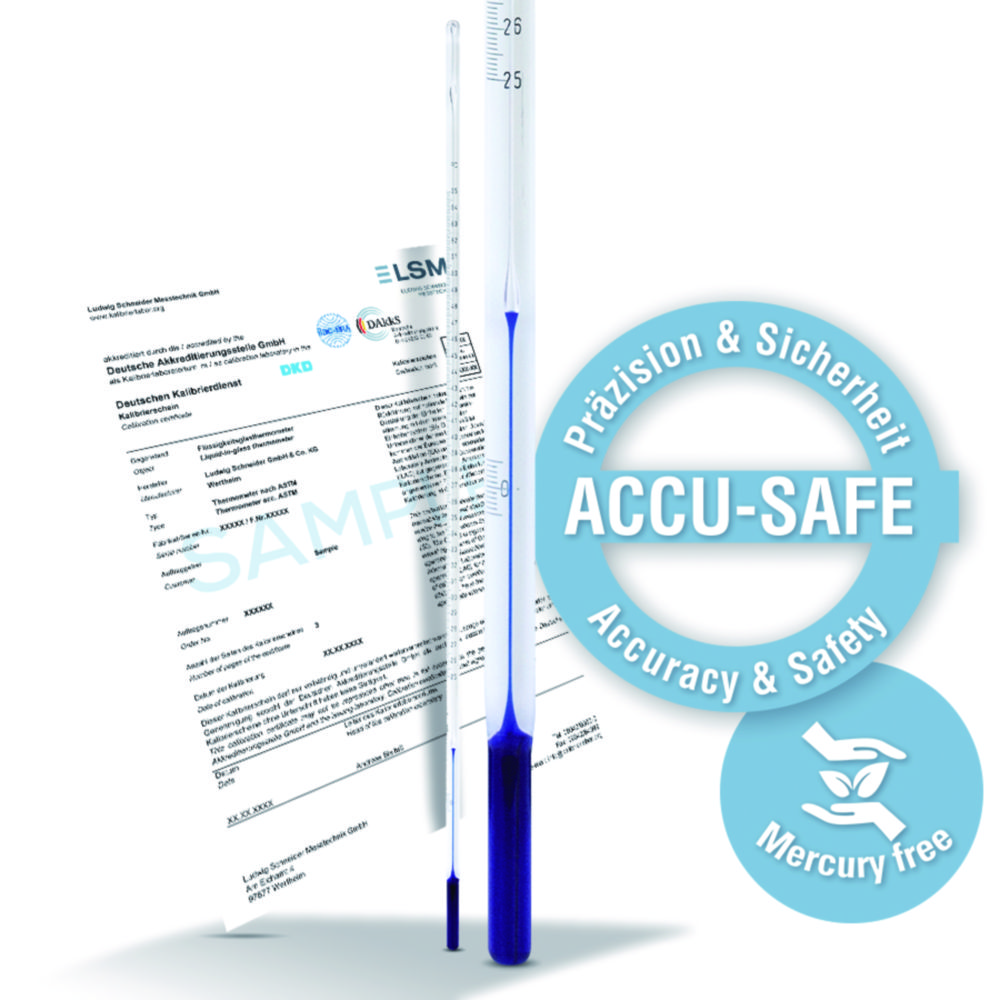 Presný teplomer ACCU-SAFE, podobný ASTM, stupnica Celzia, stopkový, s kalibračným certifikátom DAkkS