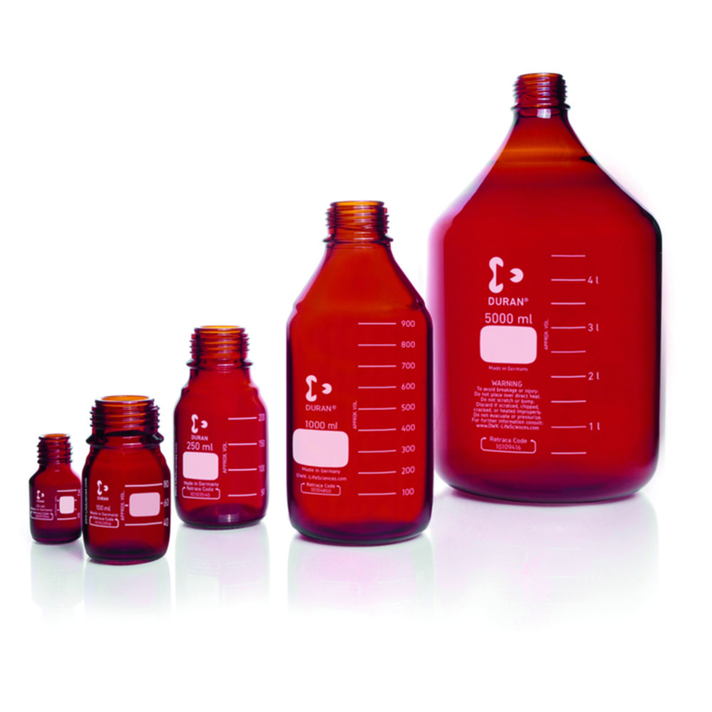 Laboratórne fľaše, <sup>DURAN®</sup> jantárovej farby, takže sledovacím kódom