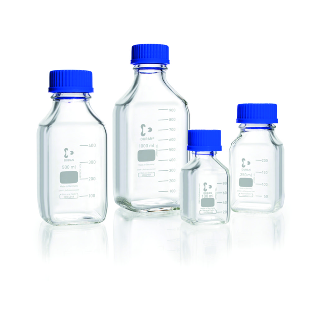 Laboratórne fľaše štvorcového tvaru, <sup>DURAN®,</sup> so sledovacím kódom