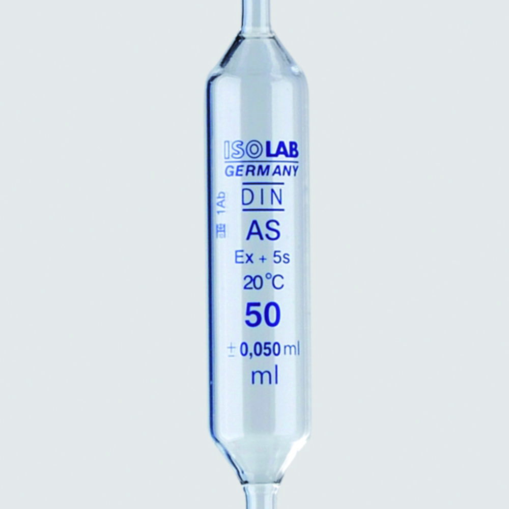 Odmerné pipety, sodné sklo, trieda AS, 1 značka, modrá stupnica